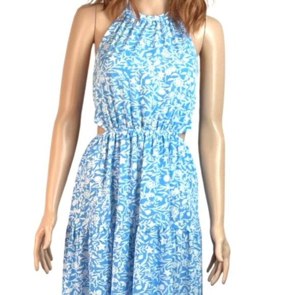 Blue & White Floral Backless Halter Maxi Dress With Tie Detail & Cutouts Aakaa - Picture 3 of 8